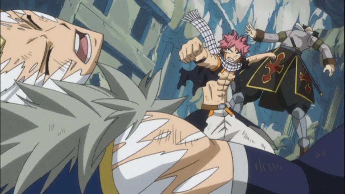 Natsu smashes both Rogue and Sting