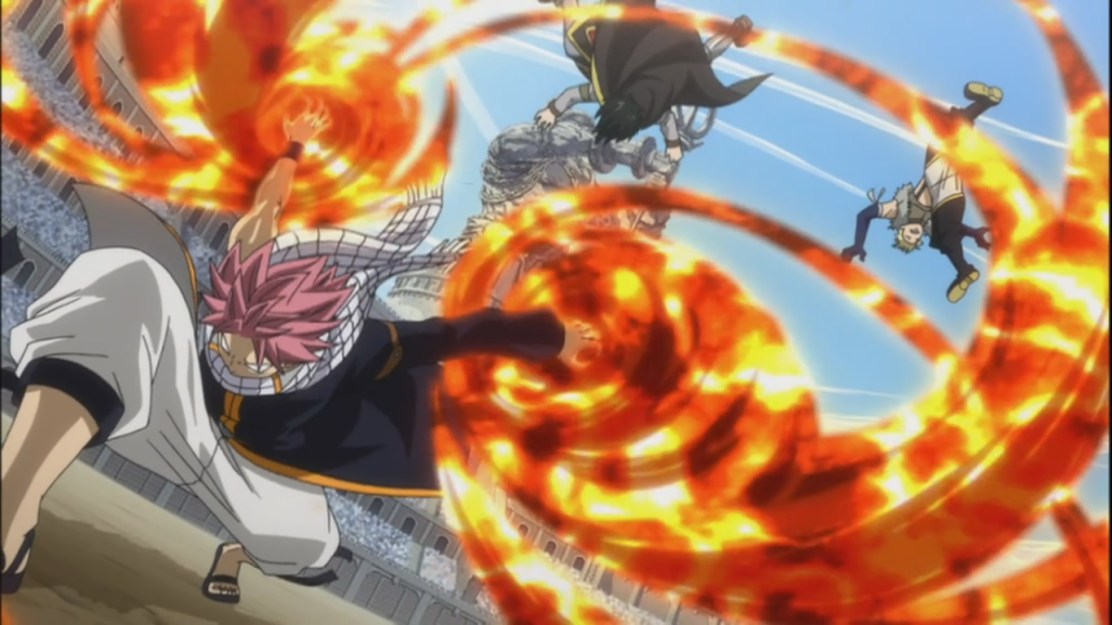 Natsu smashes Sting and Rogue
