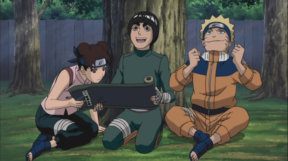 Tenten Lee and Naruto read Secret Ninjutsu techniques