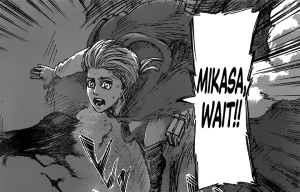 Christa stops attack by Mikasa