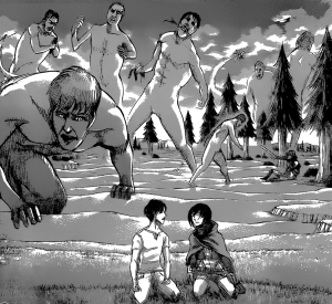 Eren and Mikasa with lots of Titan's