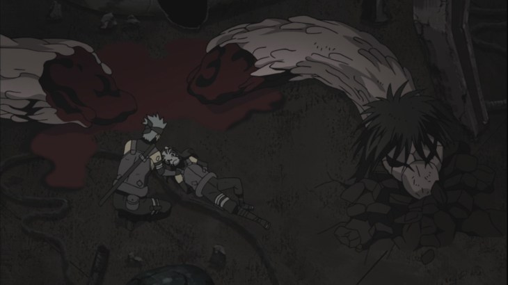 Kakashi saves Yamato from Orochimaru's snake