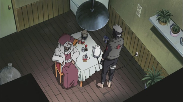 Hiruzen and Kakashi in Naruto's house