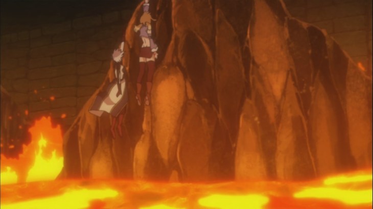 Lucy and Yukino stuck on rock while lava below them