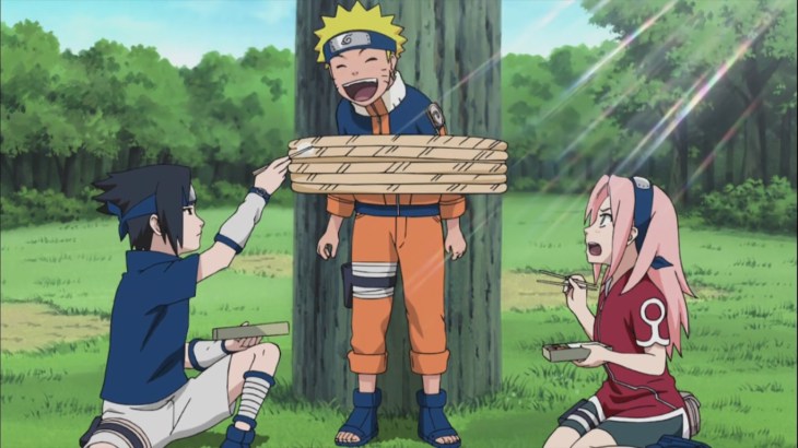 Sasuke and Sakura give food to Naruto