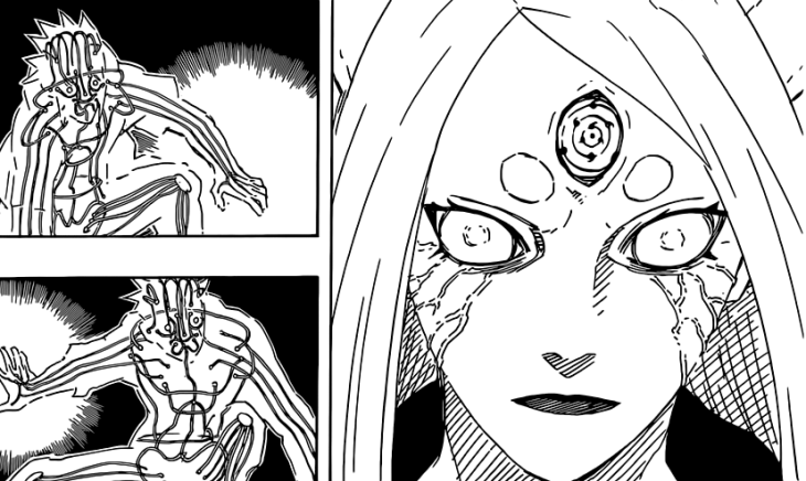 Kaguya examines Naruto and Sasuke's body