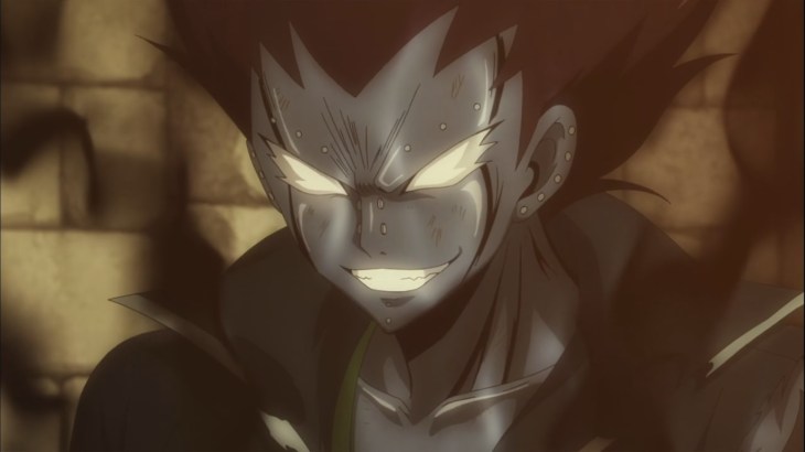 Gajeel's face Iron Shadow Mode