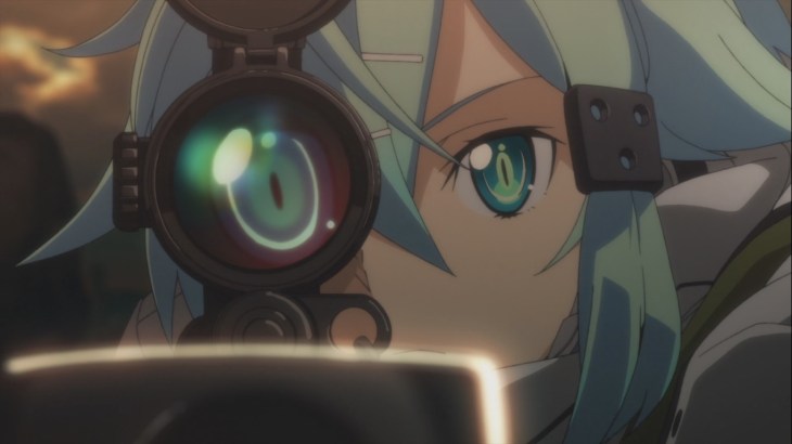 Sinon looking down a scope
