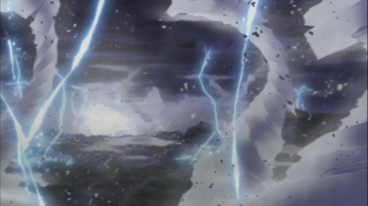 Ten Tail's scream causes lightning thundr and explosions