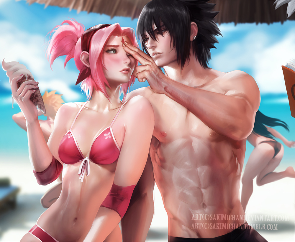 Sasuke Sakura Beach day by Sakimichan